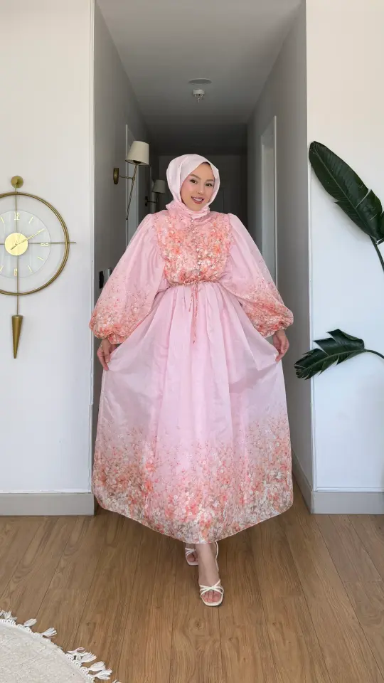 Yeni Sezon Amor Tül Modal Çiçek Desenli Elbise Pembe
