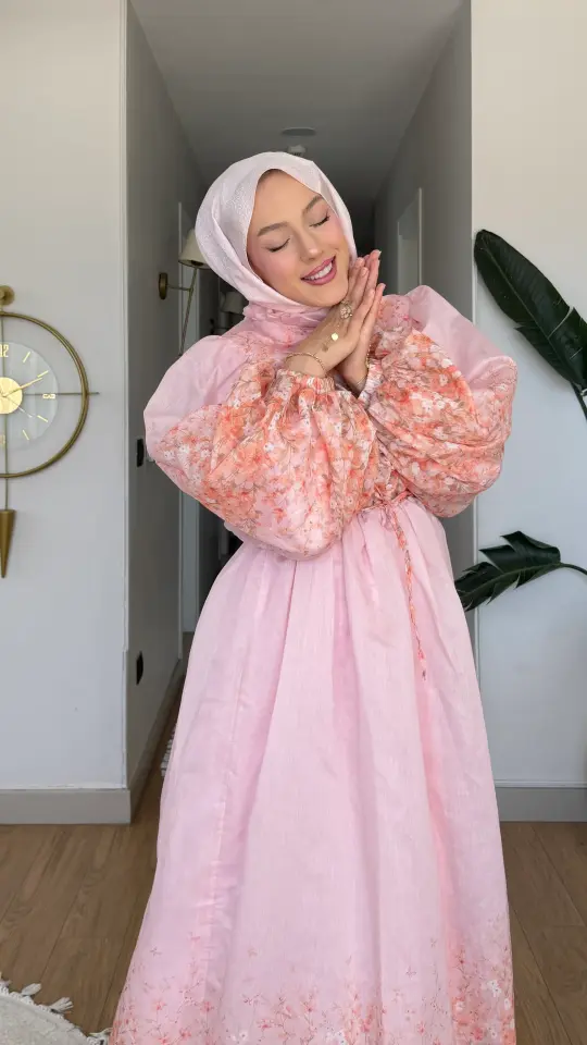 Yeni Sezon Amor Tül Modal Çiçek Desenli Elbise Pembe