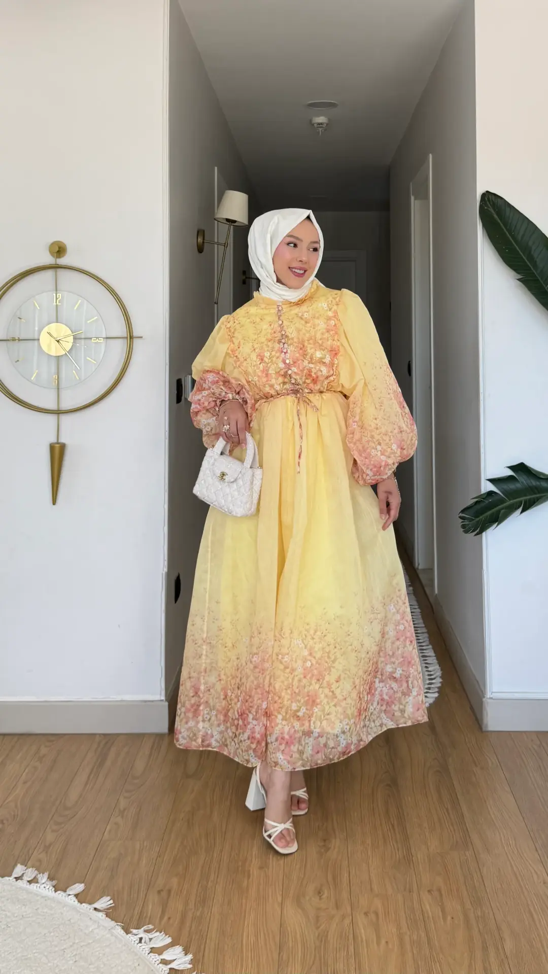 Yeni Sezon Amor Tül Modal Çiçek Desenli Elbise Sarı