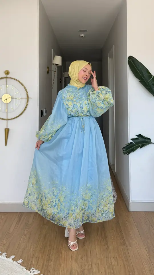 Yeni Sezon Amor Tül Modal Çiçek Desenli Elbise Mavi