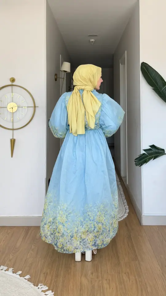 Yeni Sezon Amor Tül Modal Çiçek Desenli Elbise Mavi