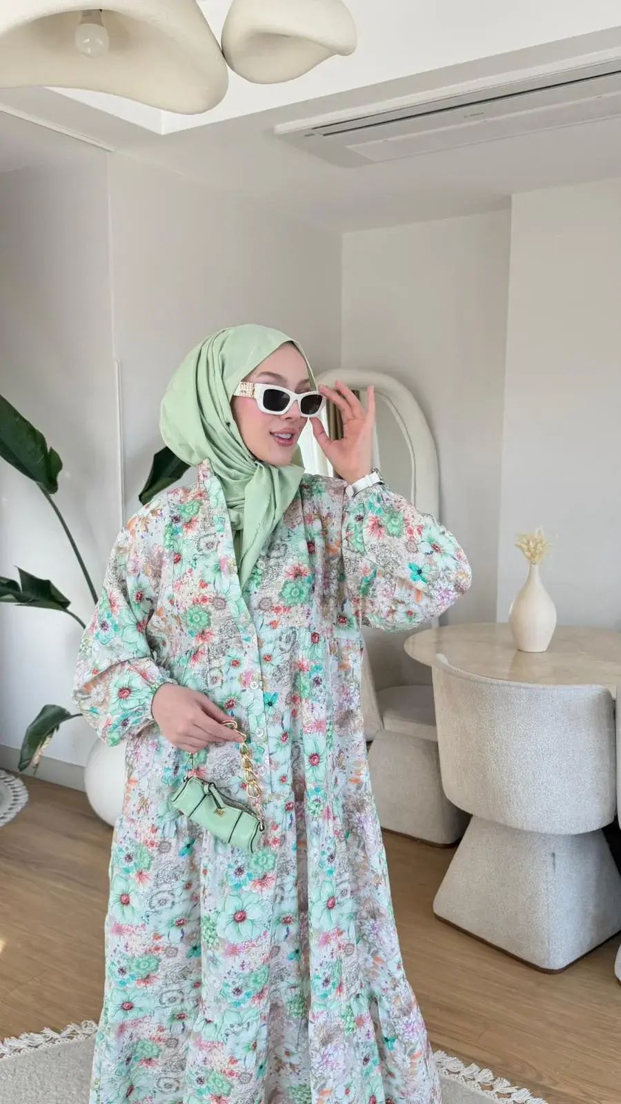 Yeni Sezon Mango Çiçek Elbise Mint Yeşili Desen