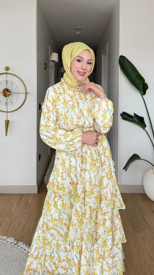 Yeni Sezon Peri Katlı Şifon Elbise Sarı