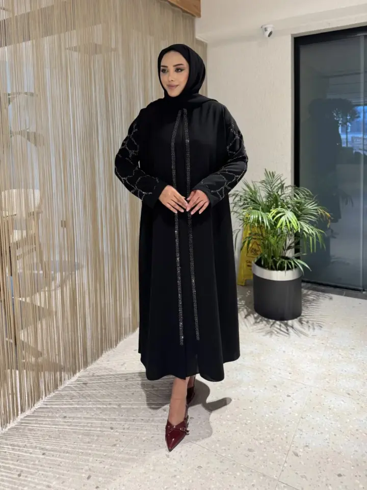 Taşı Şeritli Büyük Beden Anne Elbisesi Siyah