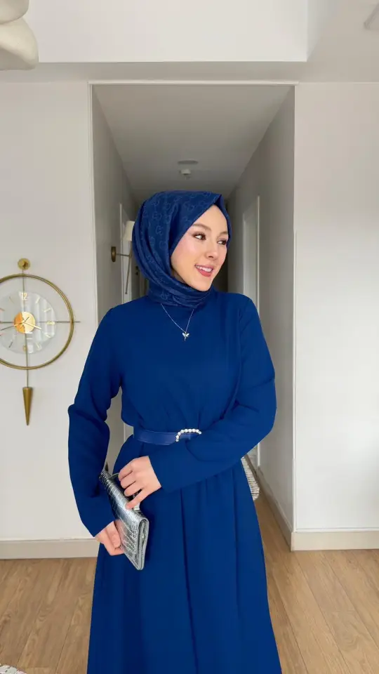 Yeni Sezon Eslem Elbise Krep Kemerli İndigo