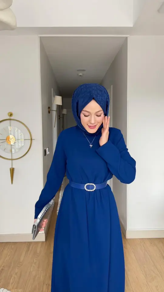 Yeni Sezon Eslem Elbise Krep Kemerli İndigo