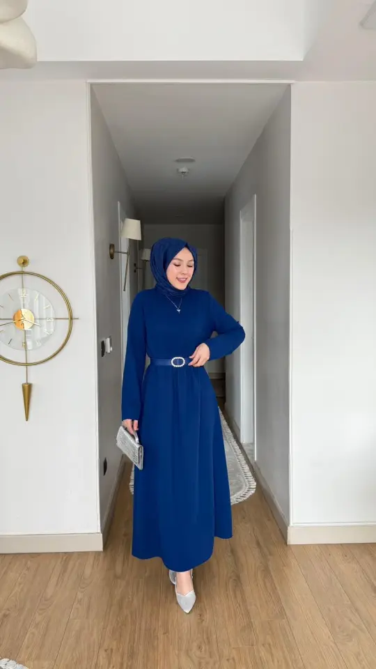 Yeni Sezon Eslem Elbise Krep Kemerli İndigo