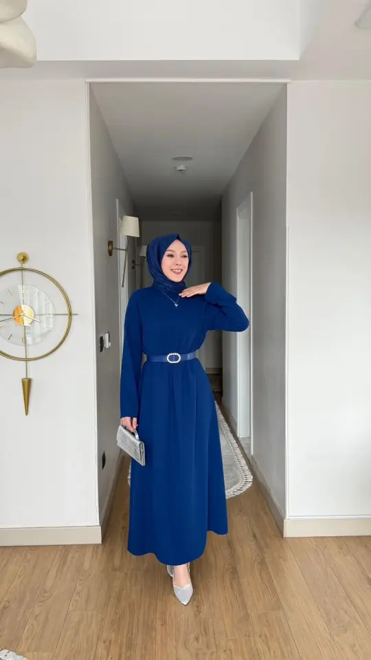 Yeni Sezon Eslem Elbise Krep Kemerli İndigo