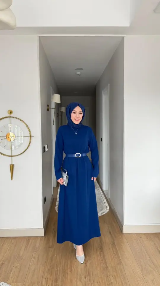 Yeni Sezon Eslem Elbise Krep Kemerli İndigo