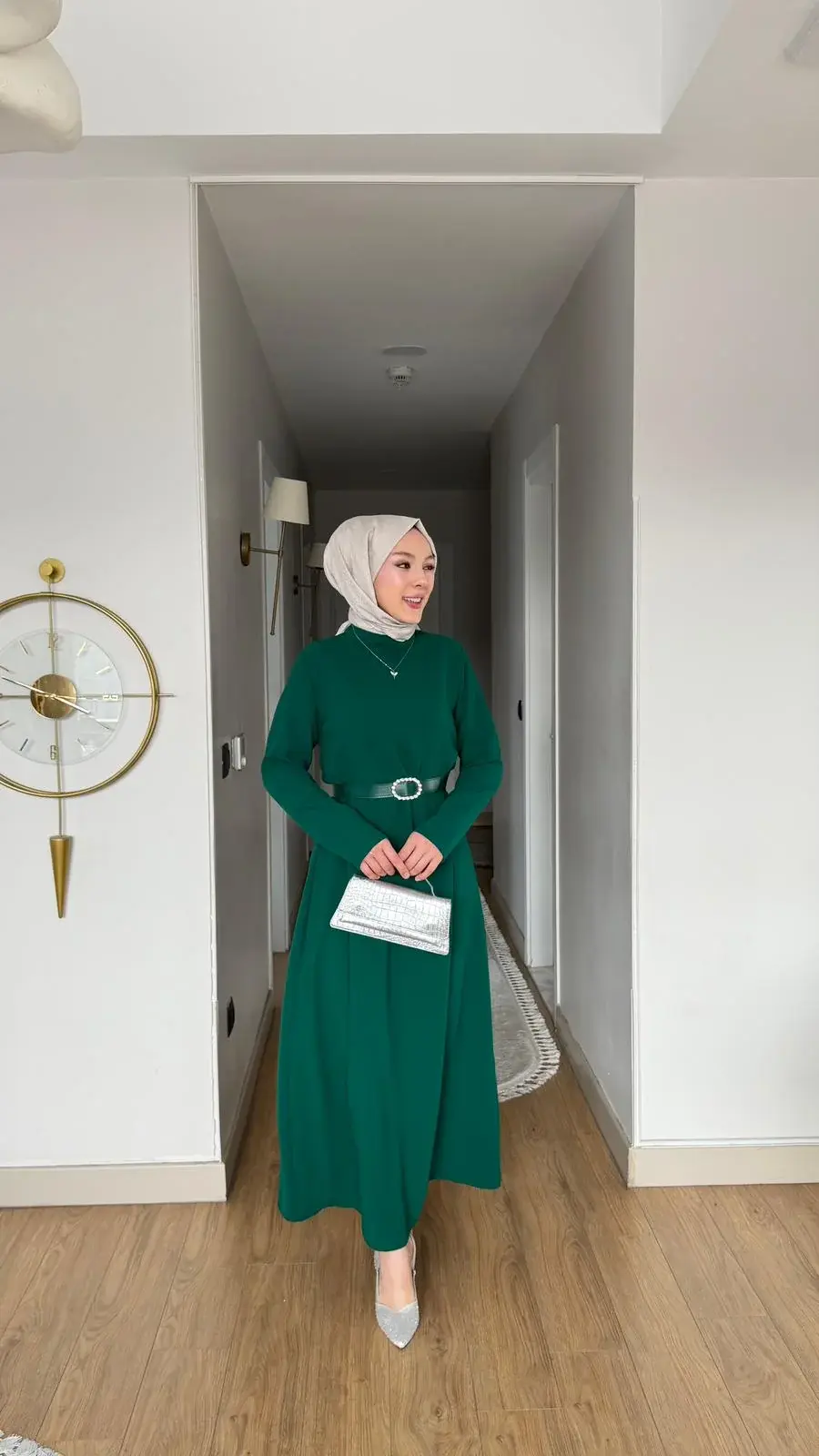 Yeni Sezon Eslem Elbise Krep Kemerli Zümrüt Yeşili
