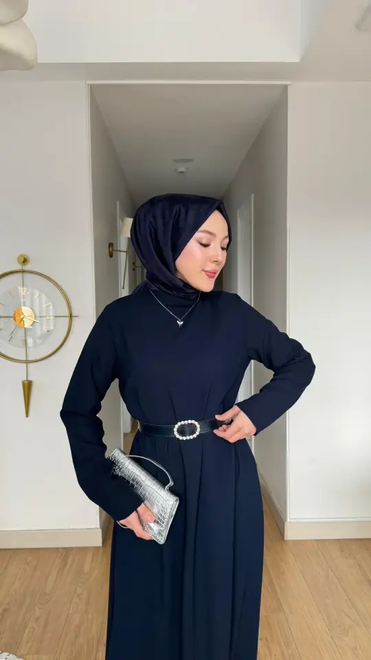 Yeni Sezon Eslem Elbise Krep Kemerli Lacivert