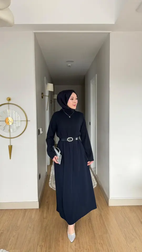 Yeni Sezon Eslem Elbise Krep Kemerli Lacivert