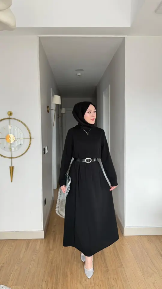 Yeni Sezon Eslem Elbise Krep Kemerli Siyah