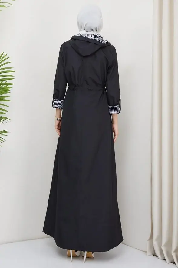 Kapüşonlu Çizgili Uzun Trençkot Siyah