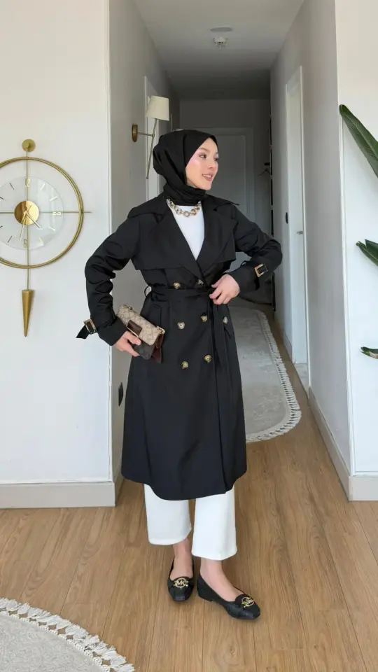 Miray Kemerli Düğme Detaylı Trençkot Siyah