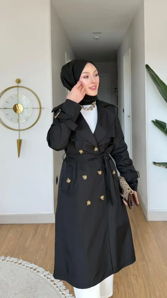 Miray Kemerli Düğme Detaylı Trençkot Siyah