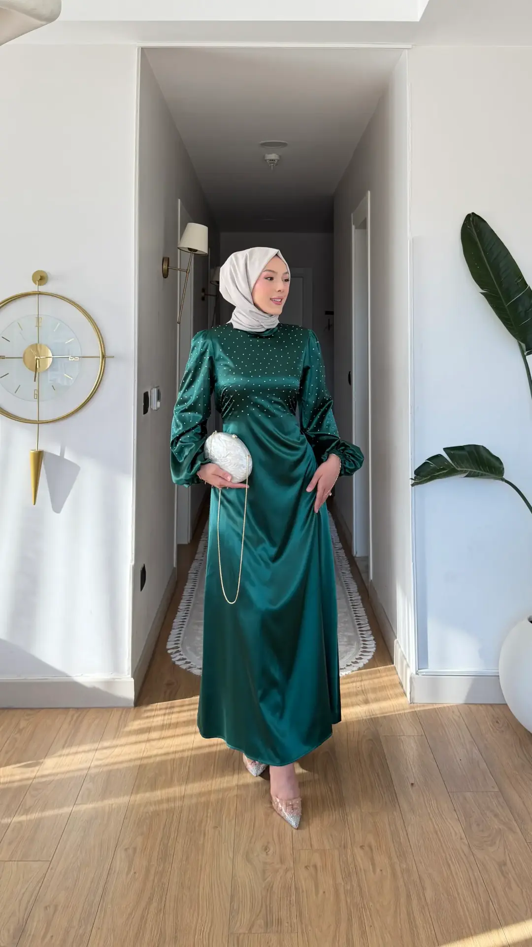 Yeni Sezon İncili Saten Abiye Yeşil